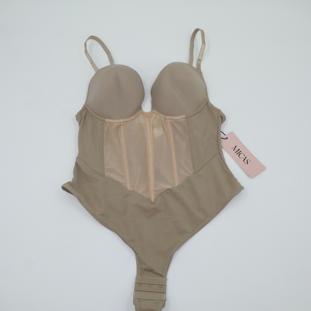 MICAS Nude Corset Mesh Panel Padded Underwire Bodysuit Beige Medium NEW